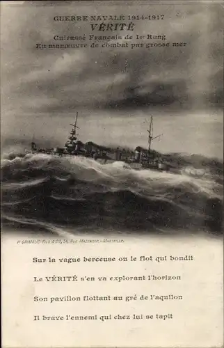 Ak Französisches Kriegsschiff, Verite, Cuirasse de 1er Rang par grosse mer