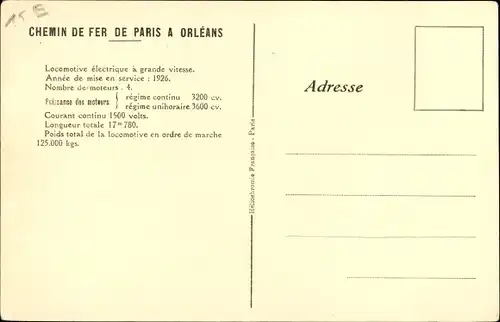 Ak Französische Eisenbahn, Chemin de Fer de Paris a Orleans, Locomotive electrique