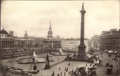 Ak London City England, Trafalgar Square, Denkmal, Springbrunnen, Platz