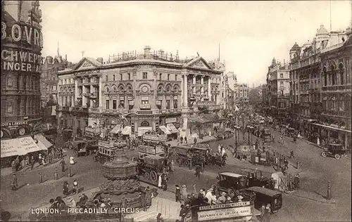 Ak London City England, Picadilly Circus, Platz, Statue, Geschäfte