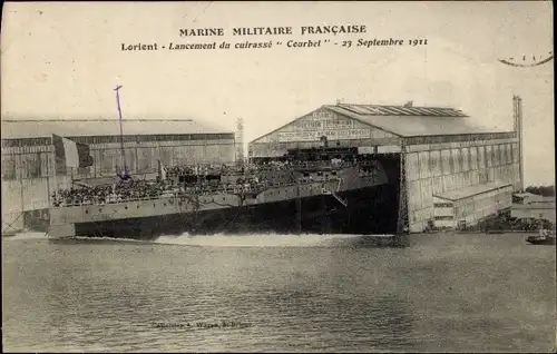 Ak Lorient, Lancement du cuirassé, Courbet, Marine Militaire Francaise 1911