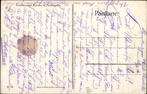 Ak Langemarck Langemark Poelkapelle Westflandern, Zerschossene Kirche, Ruine