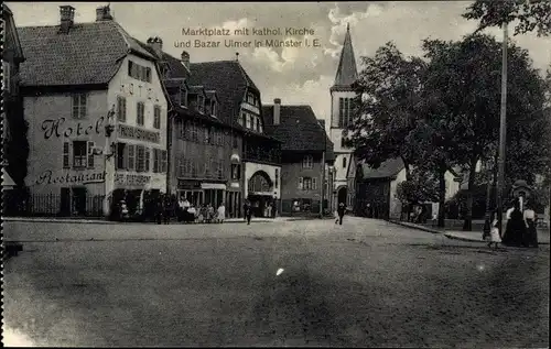 Ak Munster Münster Elsass Haut Rhin, Marktplatz, kath. Kirche, Bazar Ulmer