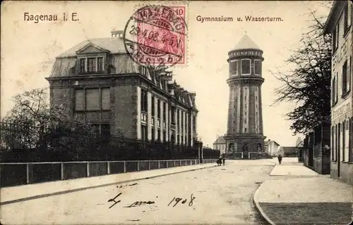 Ak Haguenau Hagenau im Elsass Bas Rhin, Gymnasium und Wasserturm