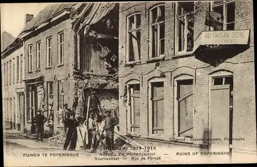 Ak Poperinghe Poperinge Westflandern, Veurnestraat, Zerstörung