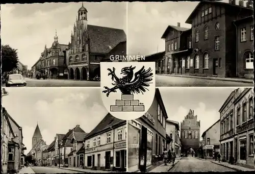 Wappen Ak Grimmen in Mecklenburg Vorpommern, Teilansichten, Rathaus, Bahnhof, Stadttor