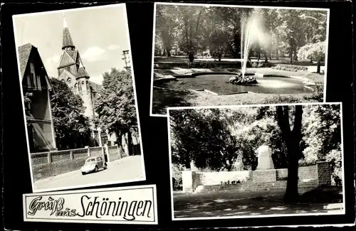 Ak Schöningen in Niedersachsen, Blick zur Kirche, Springbrunnen, Denkmal