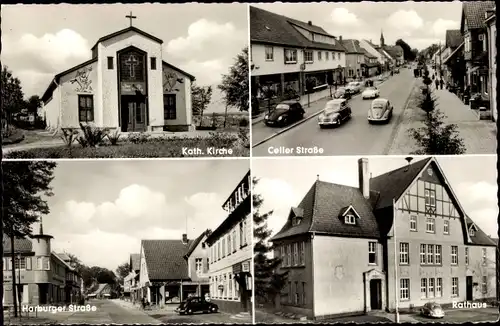 Ak Bergen Kreis Celle, Kathol. Kirche, Celler Straße, Harburger Straße, Rathaus