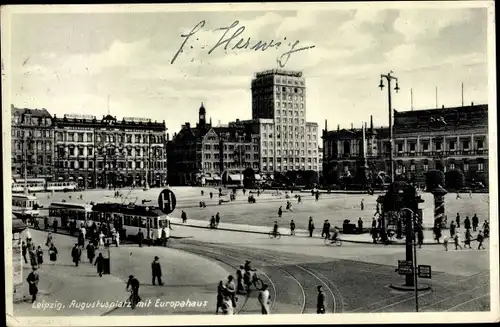 Ak Leipzig in Sachsen, Augustusplatz mit Europahaus, Straßenbahn