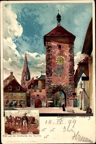 Künstler Litho Kley, H., Freiburg im Breisgau, Schwabentor, Bild auf der Stadtseite des Turms