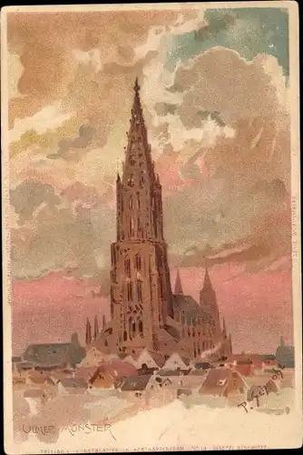 Künstler Litho Schmohl, P., Ulm an der Donau, Stadtblick mit Münster