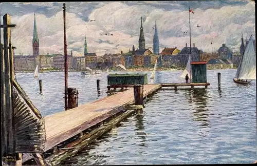Künstler Ak Ullmann, Max, Hamburg, Binnenalster, Steg, Segelboote