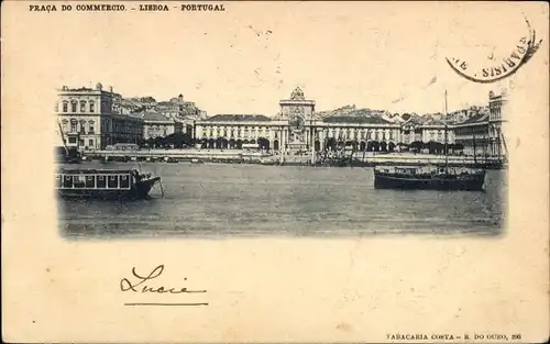 Ak Lisboa Lissabon Portugal, Praca do commercio, Blick vom Wasser aus zum Platz, Boote