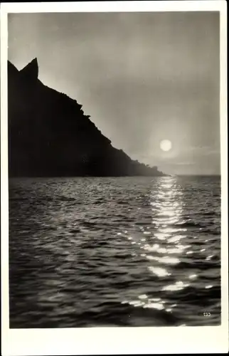 Ak Nordkap Norwegen, Midnatsol, Mitternachtssonne über dem Meer