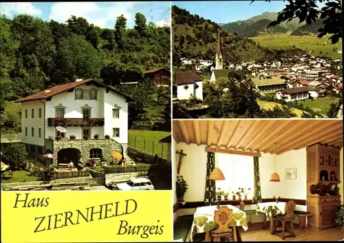 Ak Burgusio Burgeis im Vinschgau Südtirol, Haus Ziernheld Garni, Ortsansicht, Speisezimmer