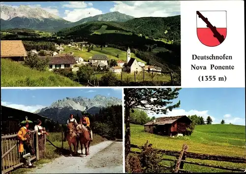 Ak Nova Ponente Deutschnofen Südtirol, Panorama, Hütte, Menschen in Trachten, Pferde