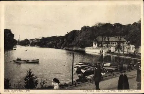 Ak Königsberg Ostpreußen, Schlossbrücke mit Garten der Stadthalle