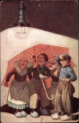 Ak Reklame, Philips Glühbirne, Kinder in niederländischen Volkstrachten