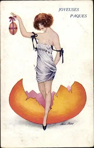 Künstler Ak Sager, Xavier, Glückwunsch Ostern, Frau im Unterkleid mit Osterei, Eierschale
