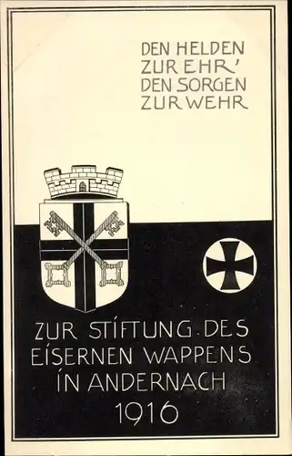 Wappen Ak Andernach am Rhein, Stiftung des Eisernen Wappens 1916, Kriegswahrzeichen