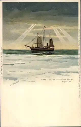 Künstler Litho Goldfeld, A., Segelschiff Fram, Nordküste Asiens, Fridtjof Nansen