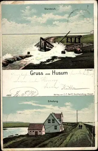 Litho Husum in Nordfriesland, Blick auf den Steindeich, Wegpartie und Haus Erholung