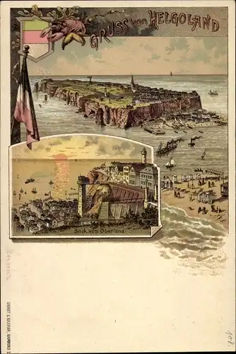 Litho Nordseeinsel Helgoland, Blick vom Oberland mit Aufzug, Leuchtturm, Totalansicht der Insel