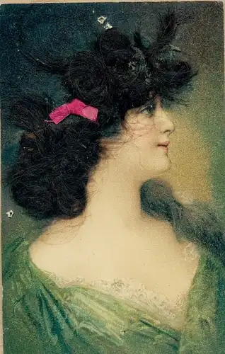 Echthaar Ak Portrait einer Frau in grünem Kleid