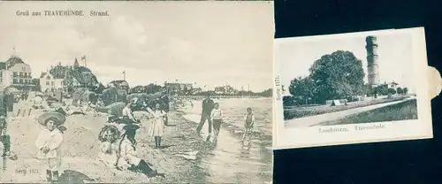 Leporello Ak Ostseebad Travemünde Lübeck, Strandpartie, Leuchtturm, Stadtansichten