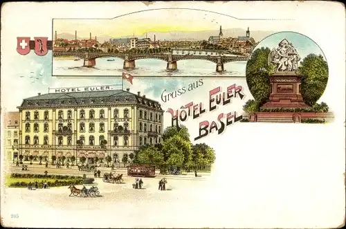 Litho Bâle Basel Stadt Schweiz, Hotel Euler, Panorama, Brücke, Denkmal