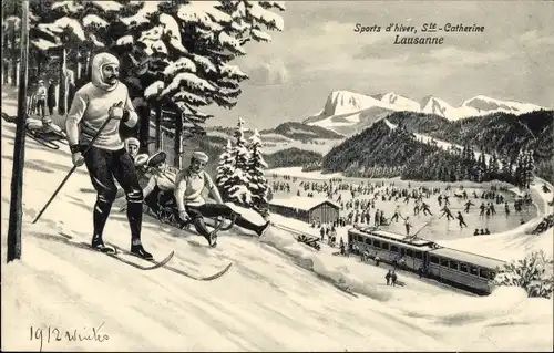 Ak Lausanne Kanton Waadt, Ste Catherine, Sports d'hiver, Skifahrer, Schlitten, Eisenbahn