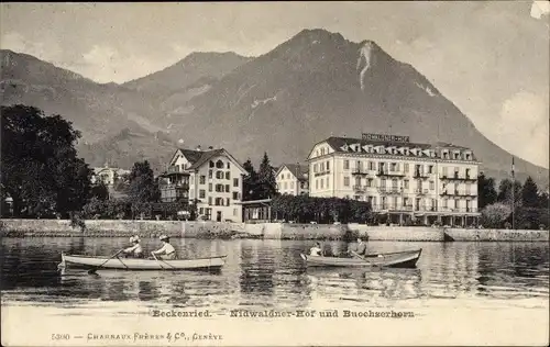 Ak Beckenried Kt. Nidwalden Schweiz, Nidwaldner Hof, Buochserhorn, Ruderboote