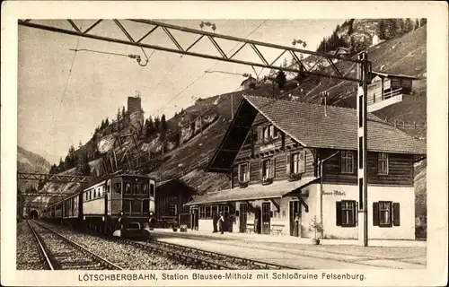 Ak Blausee Mitholz Kandergrund Kanton Bern, Station der Lötschbergbahn, Schlossruine Felsenburg