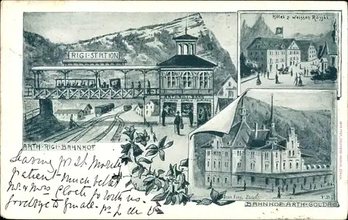 Ak Goldau Arth Kanton Schwyz, Bahnhof, Rigi Station, Hotel z. weißen Rössli