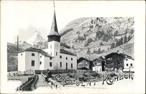 Ak Zermatt Kanton Wallis Schweiz, Kirche, Ortspartie, Chocolat Kohler