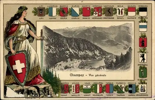 Wappen Passepartout Ak Champex Kanton Wallis Schweiz, Vue générale, Helvetia