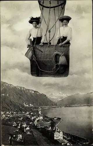 Ak Montreux Kanton Waadt Schweiz, Panorama, Zwei Damen in Gondel eines Ballons