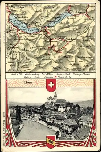 Landkarten Passepartout Ak Thun Kanton Bern Schweiz, Gesamtansicht, Thuner See, Brienzer See, Wappen