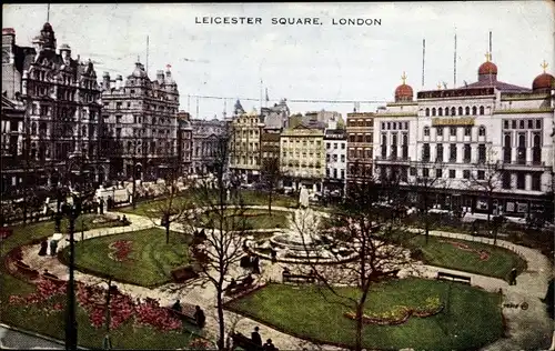 Ak London City England, Leicester Square, Park, Platz, Springbrunnen