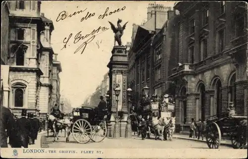 Ak London City England, The Griffin, Fleet St., Standbild, Pferdekutschen, Straßenpartie