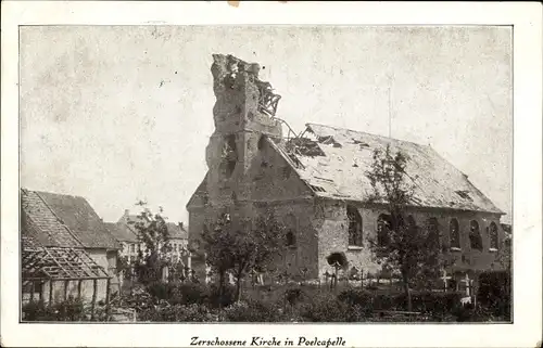 Ak Langemarck Langemark Poelkapelle Westflandern, Zerschossene Kirche, Ruine