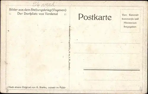 Künstler Ak Starke, A., Verdenal Meurthe et Moselle, Dorfplatz, Bilder aus dem Stellungskrieg, Voges