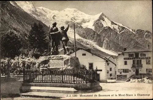Ak Chamonix Mont Blanc Haute Savoie, Monument de Saussure, Hotel de la Poste