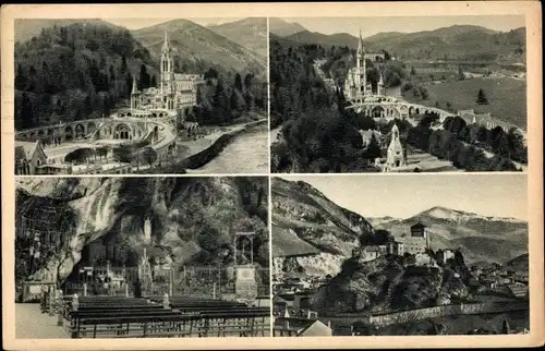 Ak Lourdes Hautes Pyrénées, La Basilique, La Grotte et le Chateau-Fort
