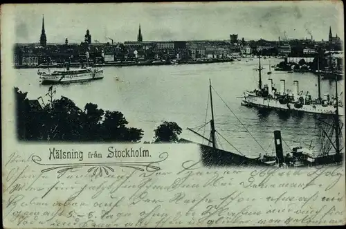 Mondschein Ak Stockholm Schweden, Hafen, Gesamtansicht, Schiffe