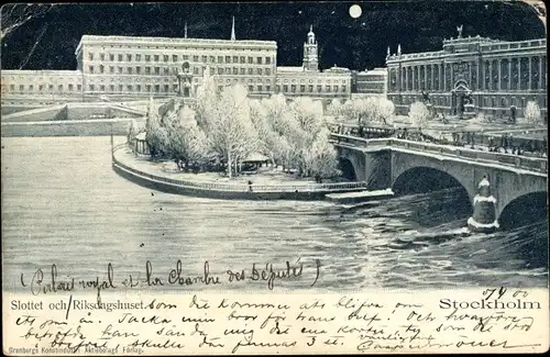 Mondschein Ak Stockholm Schweden, Slottet och Riksdagshuset