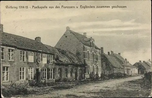 Ak Langemarck Langemark Poelkapelle Westflandern, v. Franzosen u. Engländern zerstörte Häuser