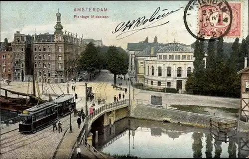 Ak Amsterdam Nordholland Niederlande, Plantage Middelaan, Straßenbahn, Brücke