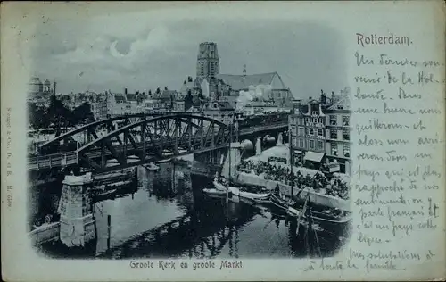 Mondschein Ak Rotterdam Südholland Niederlande, Groote Kerk en groote Markt