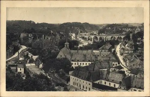 Ak Luxemburg Luxembourg, Ville-Basse du Grund et Rochers du Bock, Brücke, Panorama